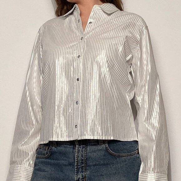 Vintage Y2K WRANGLER Metallic Silver Striped WESTERN Shirt! Large - Picture 7 of 15
